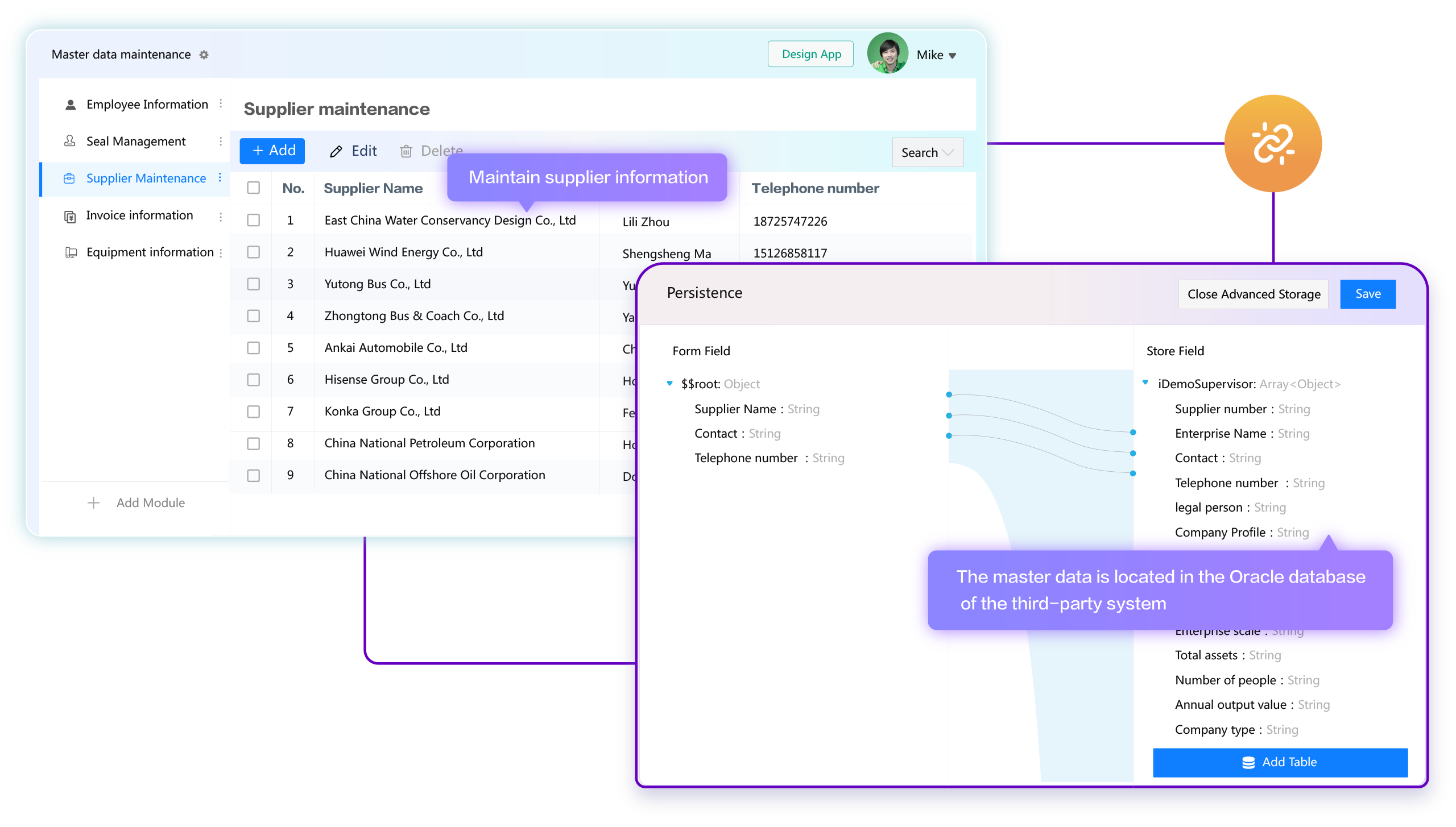 FlowPortal low-code platform uses advanced storage to link apps with 3rd-party master data, enabling unified cross-system master data maintenance and higher management efficiency.